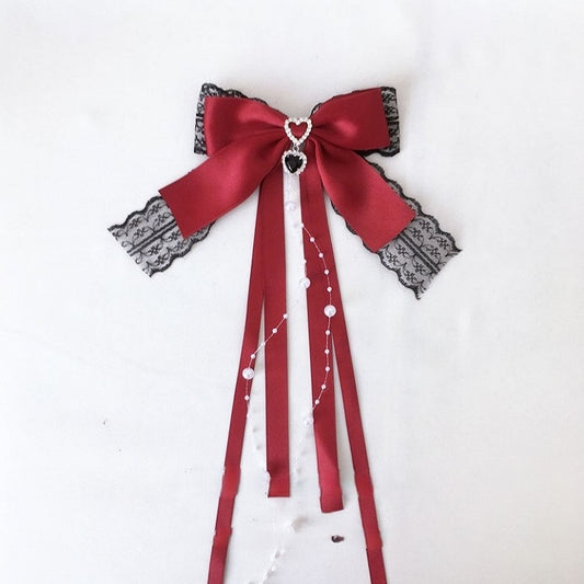 Beads Trim Colors Tassel Heart Lace Black Hairclip 4 Rhinestone with Bow