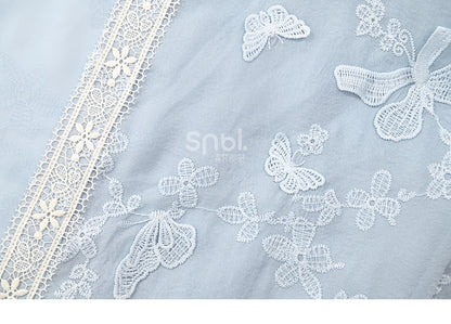 タッセル付きバタフライデザイントップス、ブルーヘム、ロング刺繍、花柄スリーブ