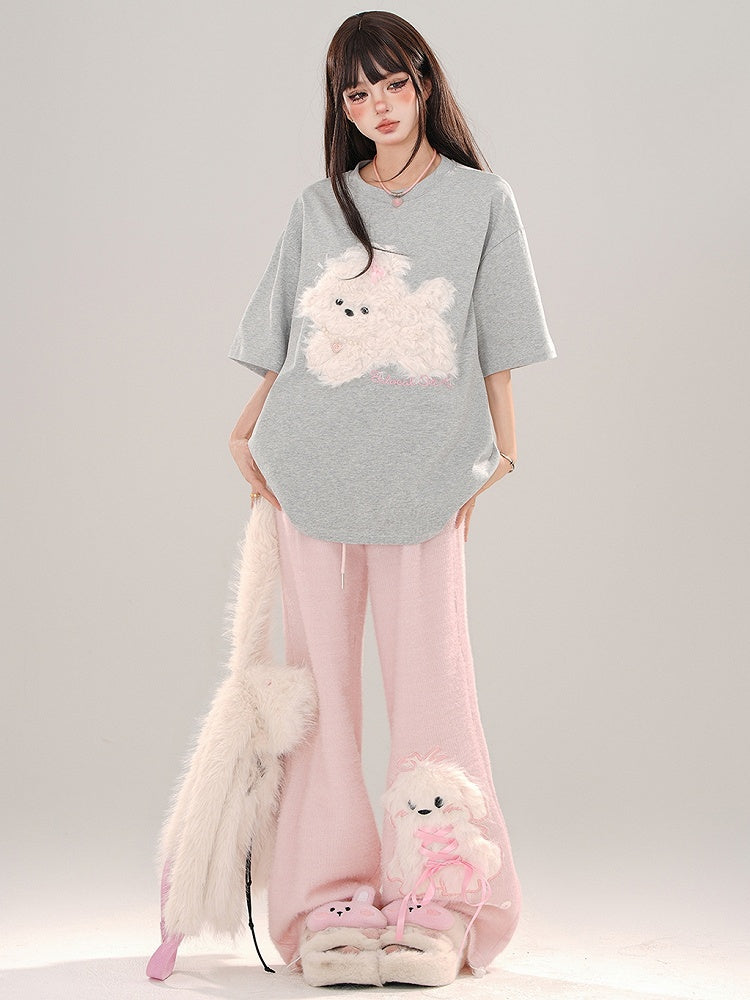 Blue/Grey/Black Plush Puppy Applique Loose T-shirt