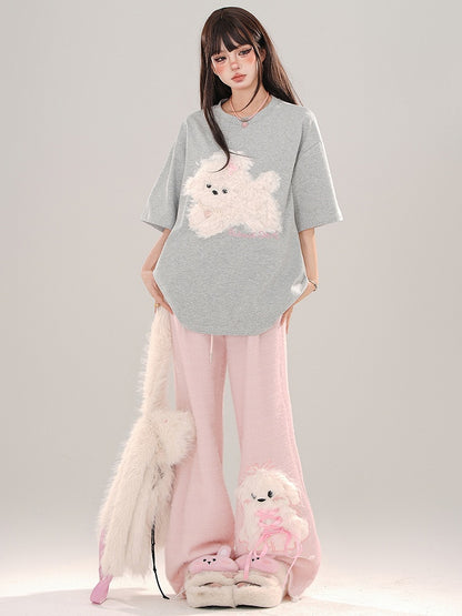 Blue/Grey/Black Plush Puppy Applique Loose T-shirt