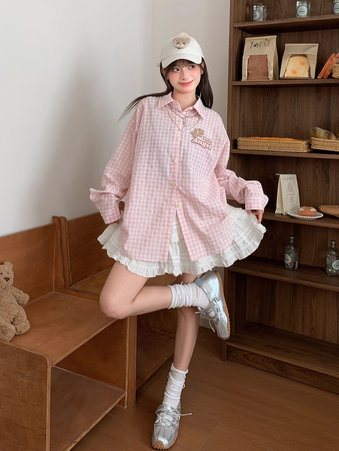 Pink Loose Plaid Shirt Adorable Bear Embroidery