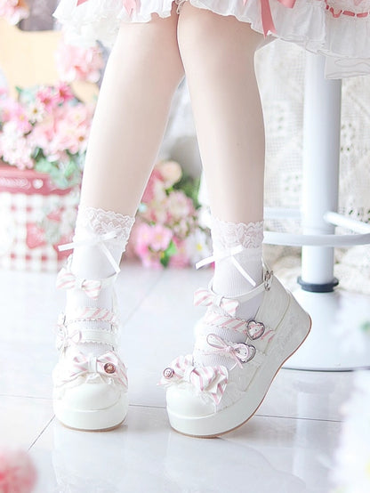 Top Mary Janes with White Lace Lolita Sweet Clasp Platform Bow Accent - Trim Button Heart