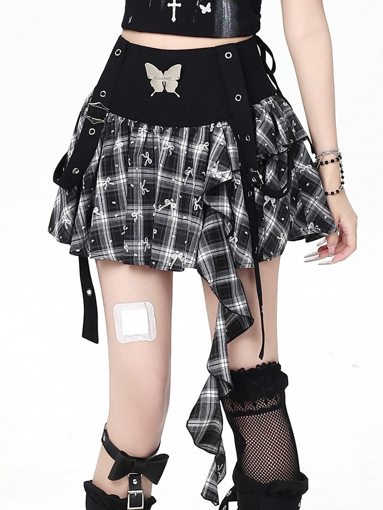 Cascading Ruffles Plaid Butterfly Bittersweet Skirt Metal with BlackWhite