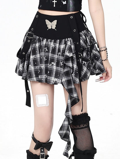 Cascading Ruffles Plaid Butterfly Bittersweet Skirt Metal with BlackWhite