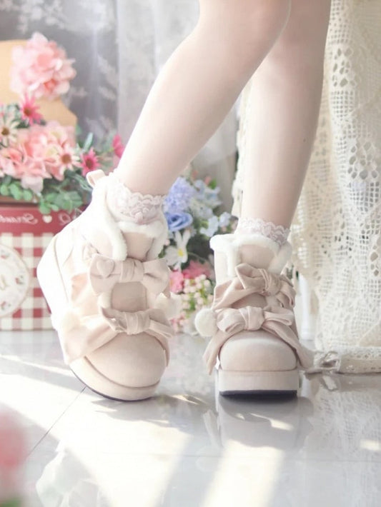 Lining Boots Apricot Design Fleece Heart Platform Bow Sweet Details Cozy Winter Accents