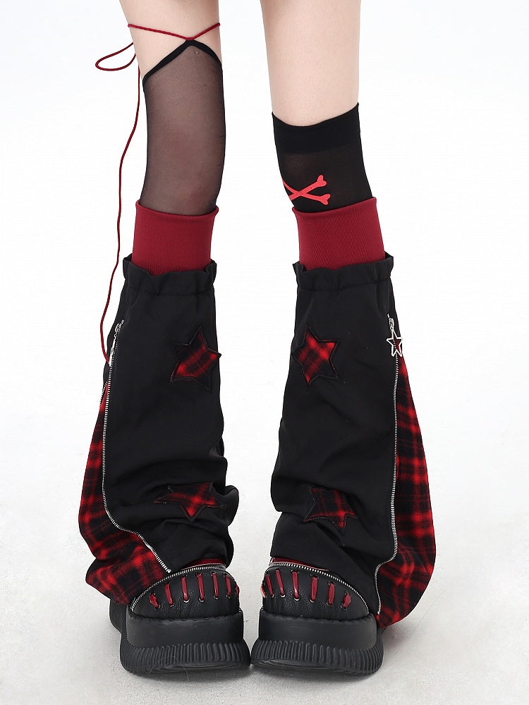 Colorblock Leg Star Style Warmers White Red / in with Appliques Plaid Black Y2K