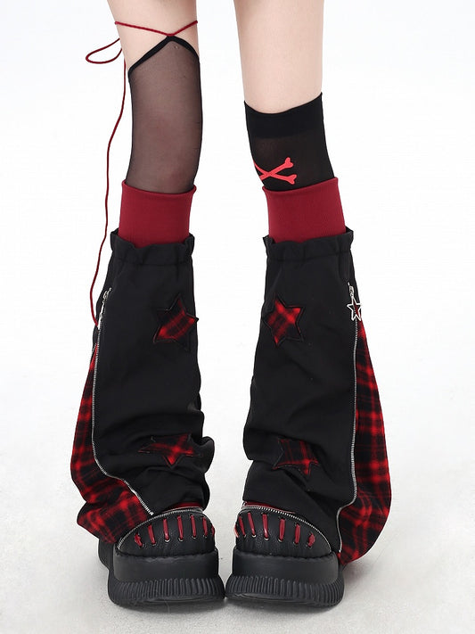 Colorblock Leg Star Style Warmers White Red / in with Appliques Plaid Black Y2K