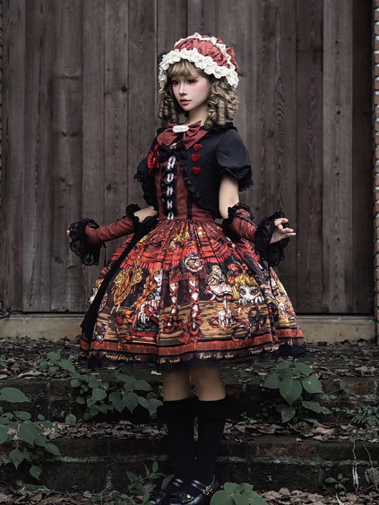 Red Shoes Story Black Red Faux Two-Piece Lolita OP Gown with Bows - Forest Fairy Tales