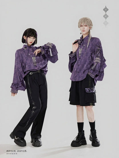 Sleeves Style Unisex with Shirt Flounce and Embroidery Chinese Purple