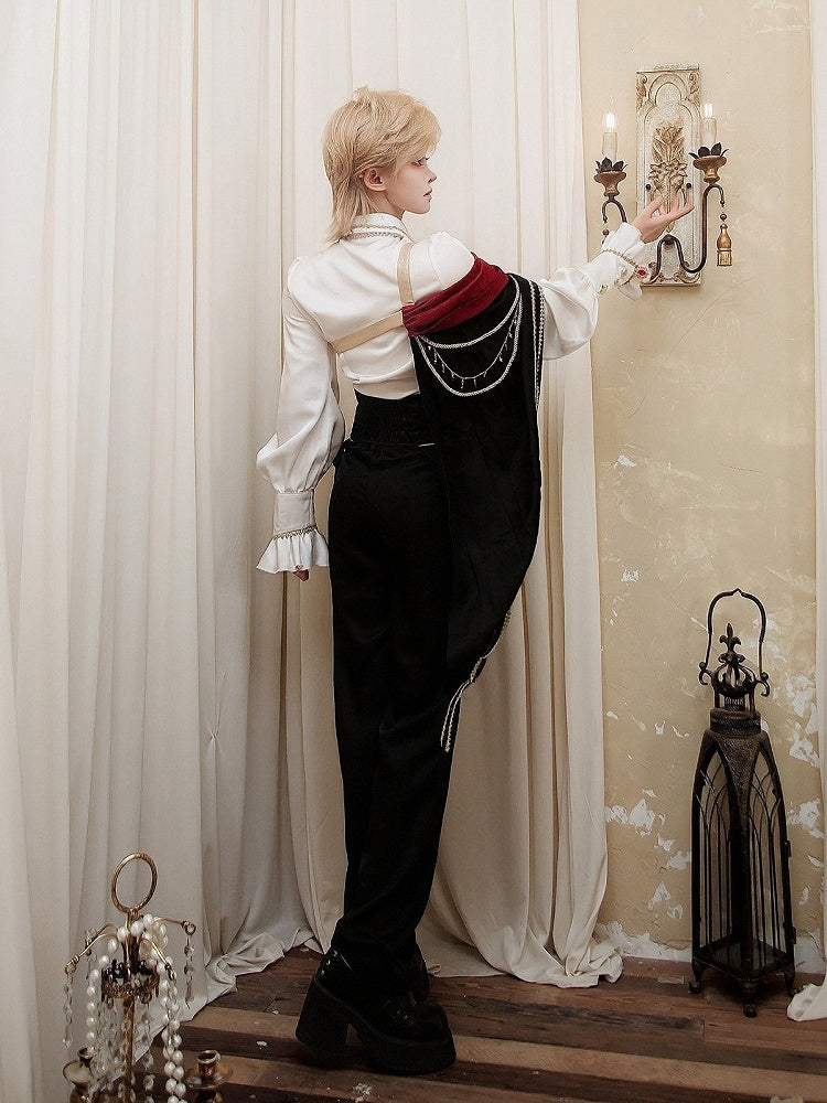 Ouji Knight Lolita Jabot Collar Shirt with One Shoulder Cape and Long Pants Set - Xiong Dou Jiang