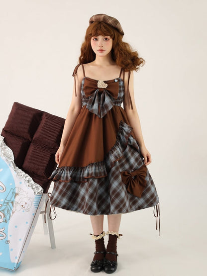and Dress Asymmetrical Sweet Ruffles Brown Lolita Bow with Accents JSK Blue Plaid