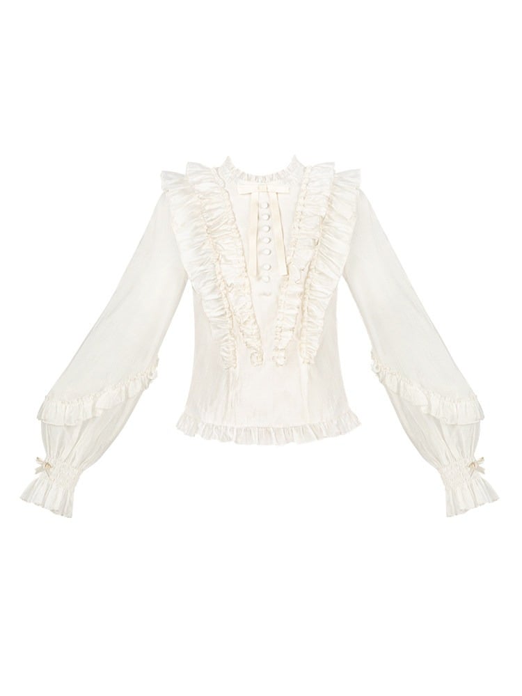 Beige Balloon Sleeve Blouse with Ruffle Accents and Rose Brooch - With PUJI