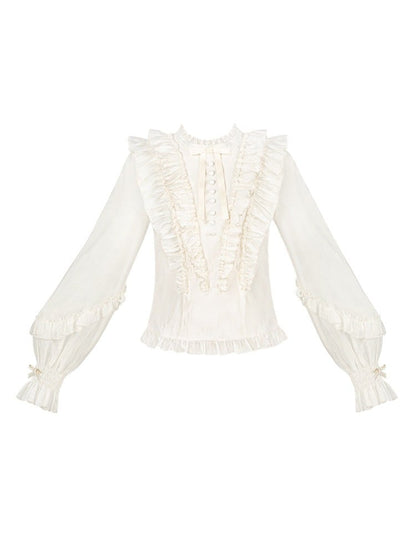 Beige Balloon Sleeve Blouse with Ruffle Accents and Rose Brooch - With PUJI