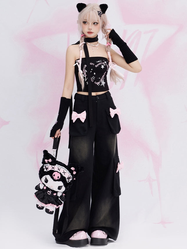 Black Bowknot Details Cargo Pockets Straight-leg Cut Jeans