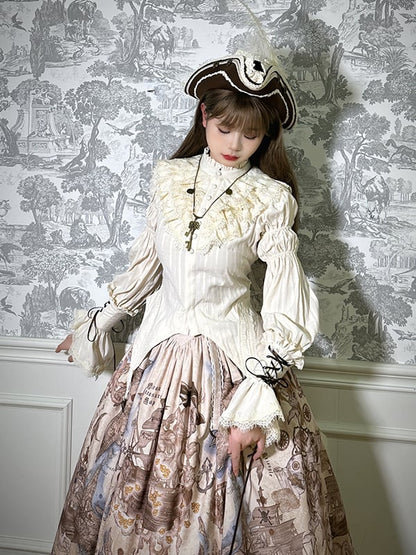 Beige Sleeves Ruffle Blouse Neckline Leg-of-Mutton