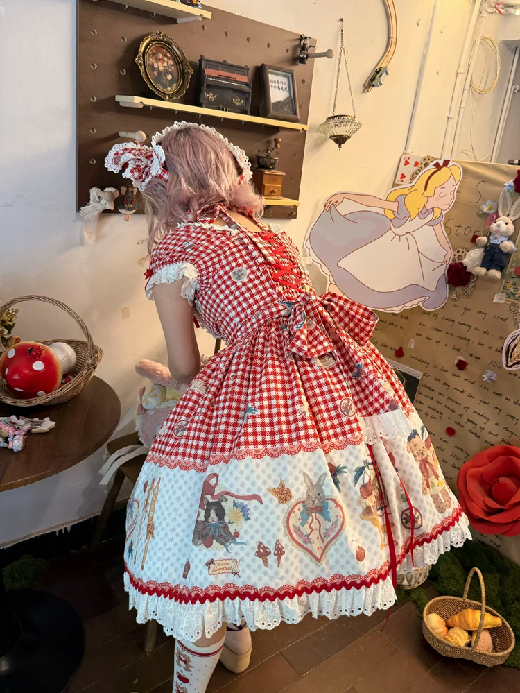Süßes Lolita-Kleid mit rotem Teddy-Print, Dessert und Kirsch-Gingham