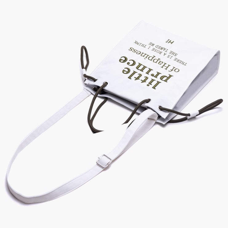 Tote Bag with Zipper Closure And Drawstring Strap Chic White  Green Alphabet Embroidery