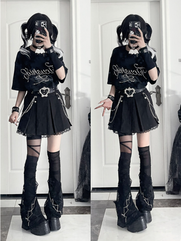 Tie-Dye Short Beaded Lettering Punk Black Cross Sleeve Print T-shirt with