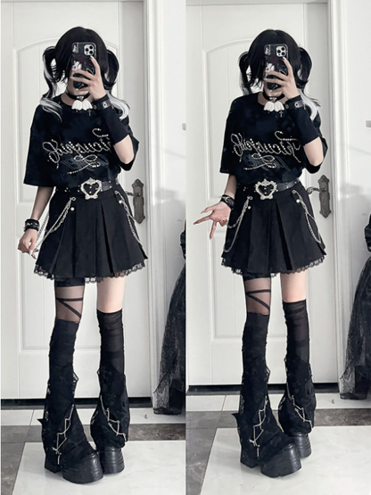 Tie-Dye Short Beaded Lettering Punk Black Cross Sleeve Print T-shirt with