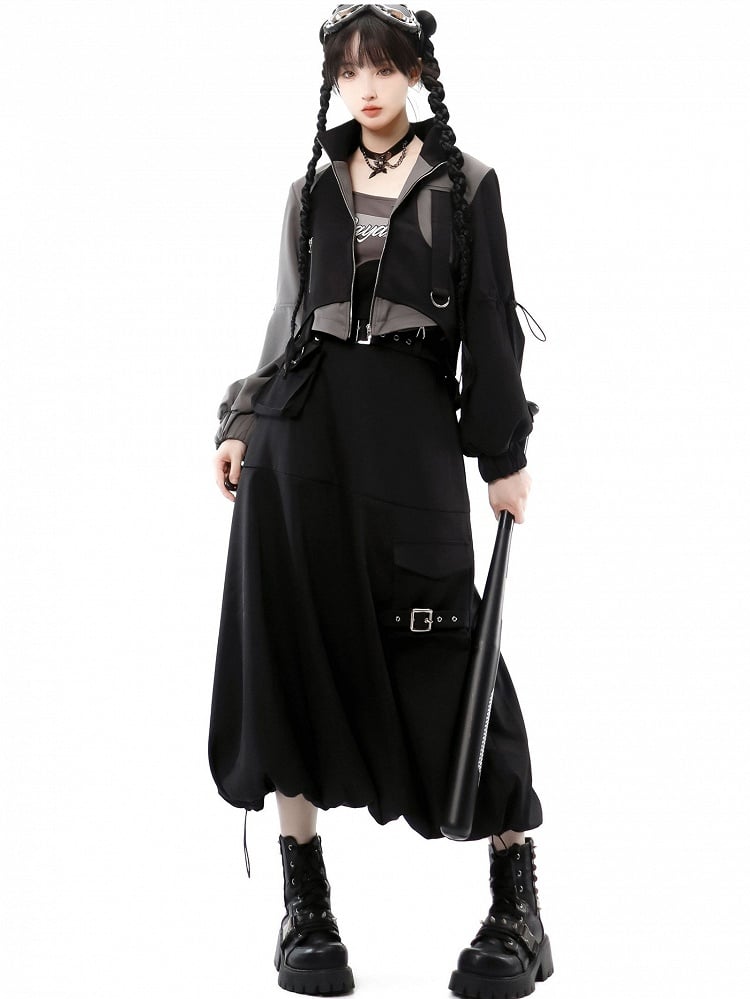 Techwear Bubble with Futuristic Black Pockets Cargo Skirt