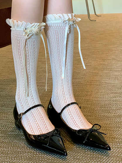 Spitzenbesatzsocken Weiß/Milchig Schleife Lolita Weiß/Schwarz/Rot/Lila/Grau/Braun