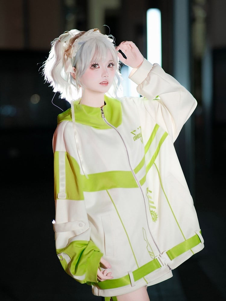 Green Jacket Futuristic with White Landmine Colorblock Hooded Style