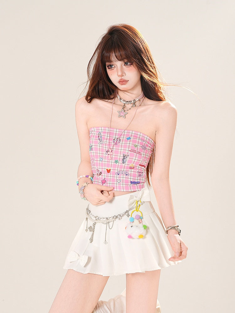 チェック柄ステッカープリント クロップド丈 ピンク/ブラック ストラップレストップ