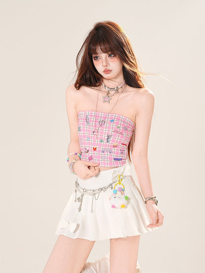 チェック柄ステッカープリント クロップド丈 ピンク/ブラック ストラップレストップ