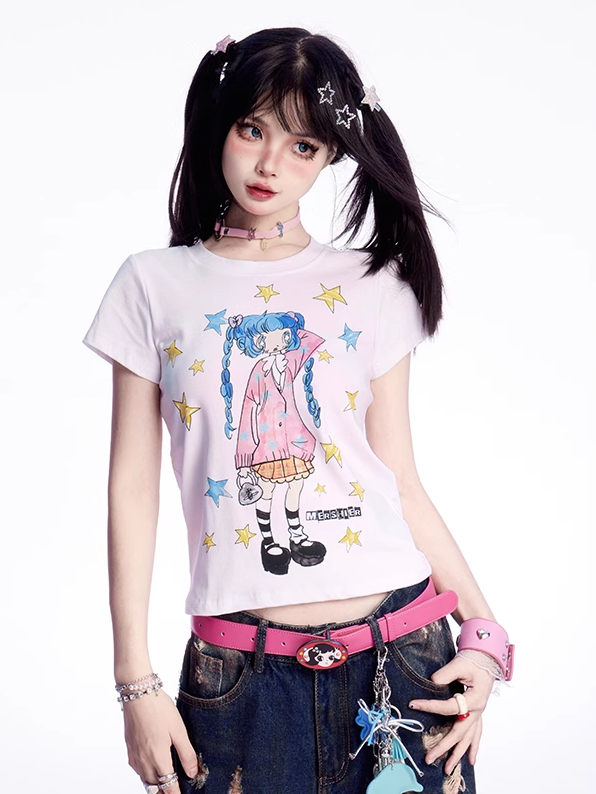 Y2K Cartoon Girl and Star Print White Round Neck T-shirt