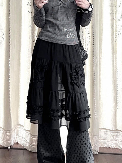 Ruffle Details Waistband Skirt Daily Elastic Kawaii Black with