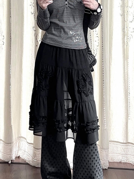 Ruffle Details Waistband Skirt Daily Elastic Kawaii Black with