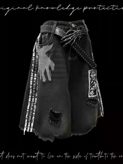 Embellished Distressed Holes Stripes Raw Hem Appliques Black  White Denim Shorts