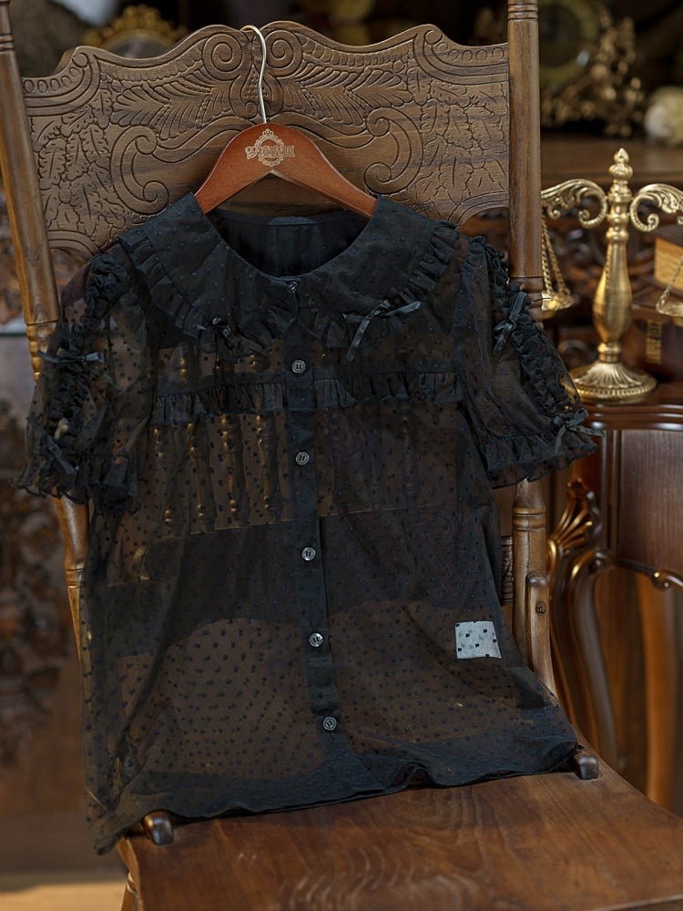 Black Peter Pan Collar Polka Dot Sheer Tulle Top - Dream Magic Box