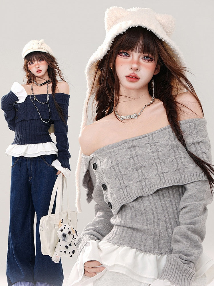 Grey/Navy Blue Off-the-shoulder Neckline Slim-fit Sweater Patchwork Hem and Cuffs