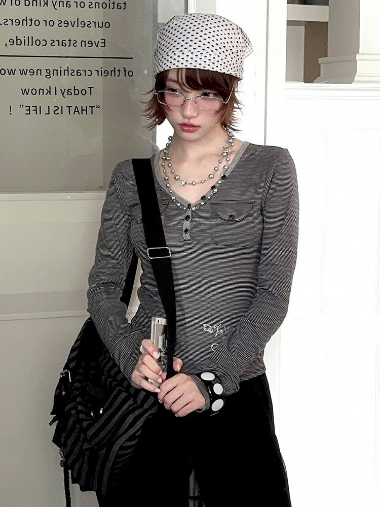 Top Daily Pocket Accents Grey Kawaii Dark Long Sleeve with V-neckline Striped