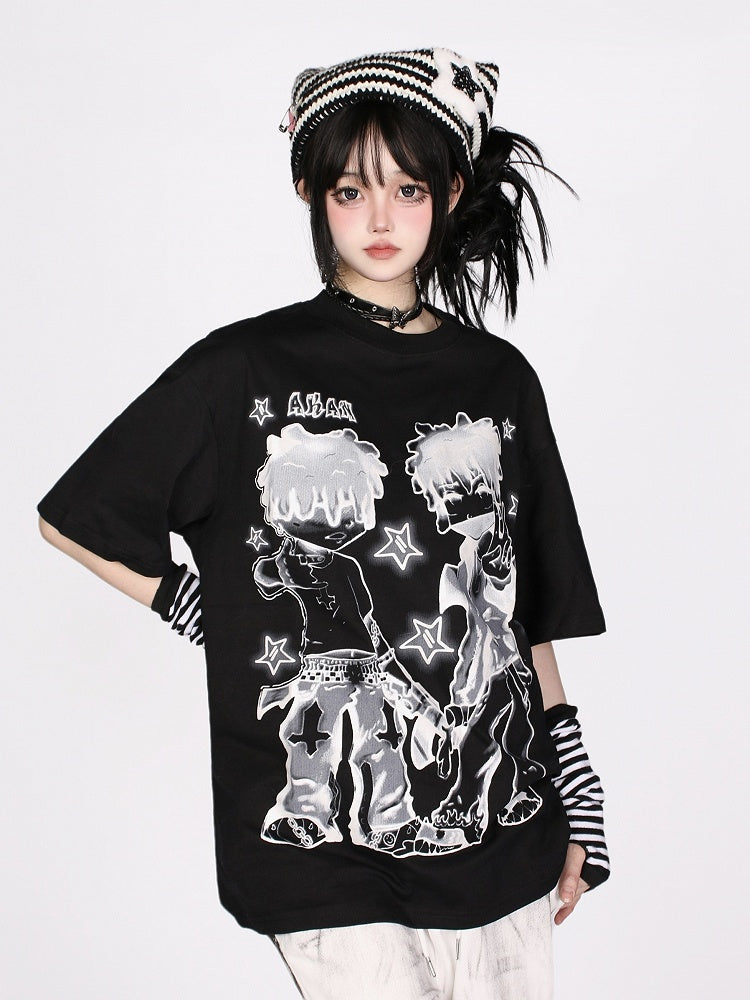 Loose-Fit Anime Character Graphic Tee - Flattering and Stylish White/Black/Pink