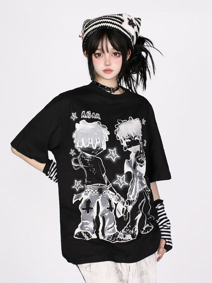 Loose-Fit Anime Character Graphic Tee - Flattering and Stylish White/Black/Pink