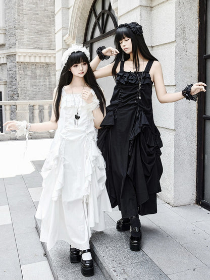 + ドローストリングデザインのネックレス ホワイトゴスフリル ルーズスカーフドレス カスケード