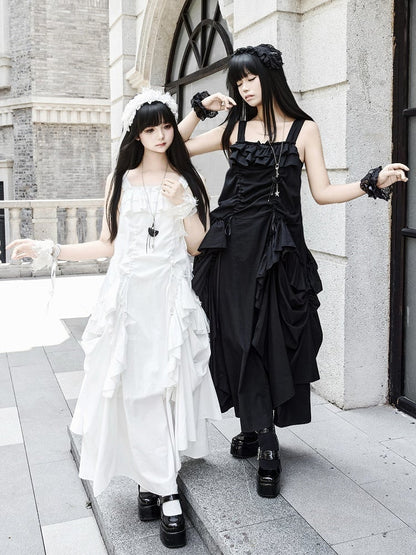 ドレス ルーズ ホワイト ゴス フリル デザイン ドローストリング カスケード