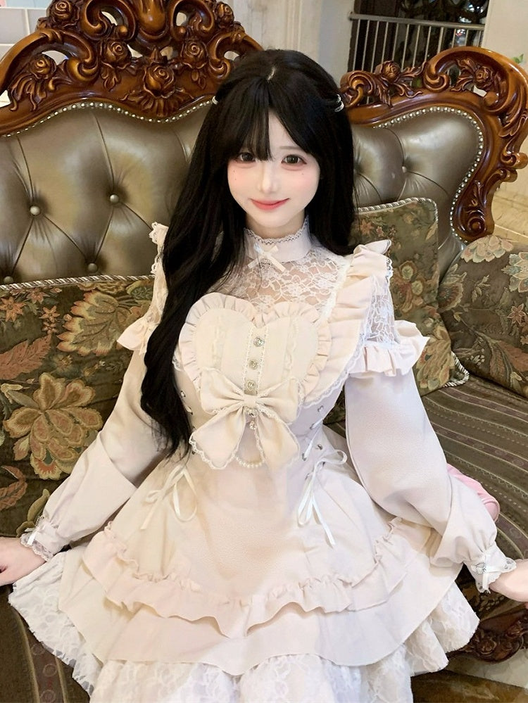 Pink Ryousangata Lace Patch Long Sleeve Dress Shorts Bow Set - Jiuniang Cherry