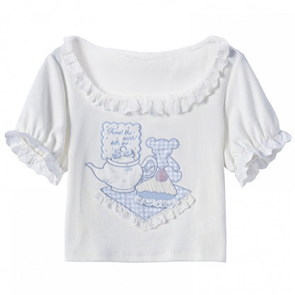 Bear Pattern Square Neck Puff Sleeves White T-Shirt Lace Trim Ruffled Plaid