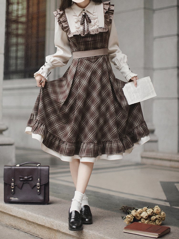 Brown Fake Long Belt Sleeves Dress with Two-pieces Plaid Waist