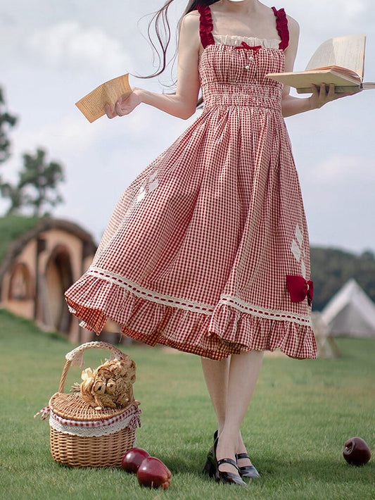 Taille Cottagecore Sweet mit Details Plaid Kleid Rot in High Bowknot