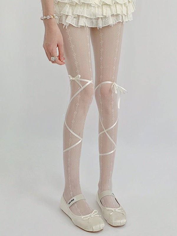 White/Black Design Bow Print Creamy Tights with Straps