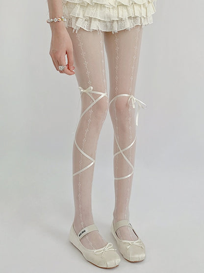 White/Black Design Bow Print Creamy Tights with Straps