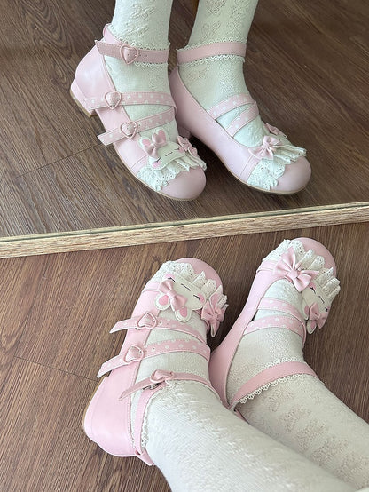 Lolita Polka-dot Design Pink Bunny Applique Bowknot Pattern Lace Trim Sweet Crisscross Details Shoes