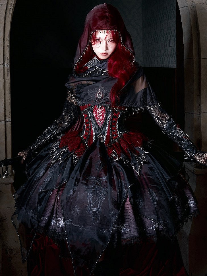 Black & Red Bone Dragon Embroidery Halter Neck Gothic Lolita Dress Set - Ying Luo Fu