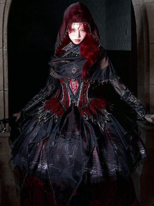 Black & Red Bone Dragon Embroidery Halter Neck Gothic Lolita Dress Set - Ying Luo Fu