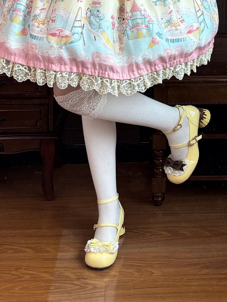 in Brown at Lace Lolita Trim Round Mid Toe Bow PU Top. Heel Heels Pudding Sweet Yellow