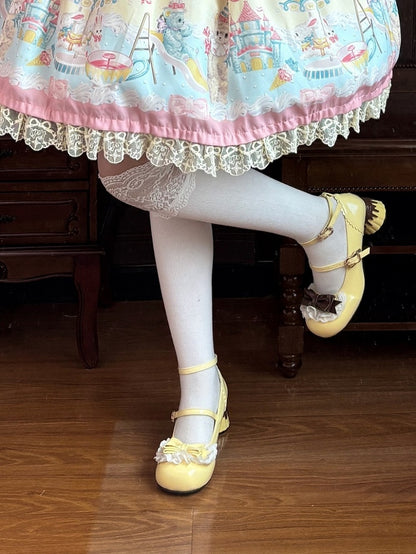 in Brown at Lace Lolita Trim Round Mid Toe Bow PU Top. Heel Heels Pudding Sweet Yellow